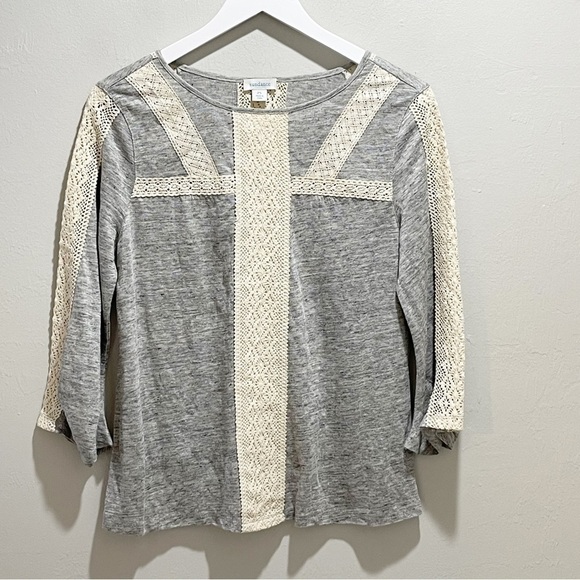 SUNDANCE CATALOG Women’s Gray Linen Crochet Lace Detail JUSTINE Tee Sz Petite S - Picture 4 of 8